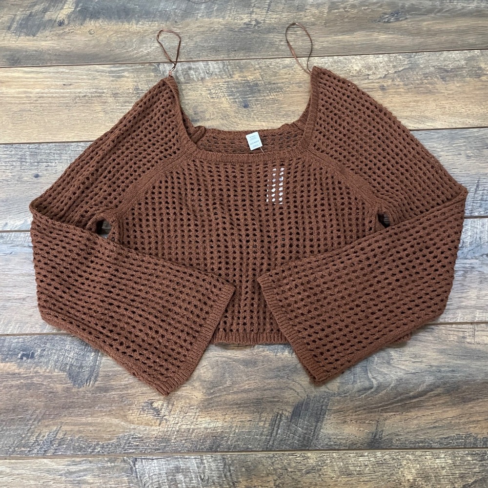 Old Navy Women Brown Open Knit Cropped Sweater M Tall Fall Boho Streetwear